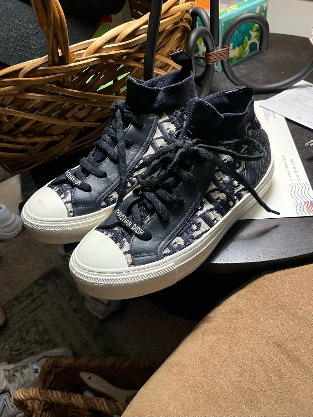 Dior Navy Blue and White High-Top Sneakers
